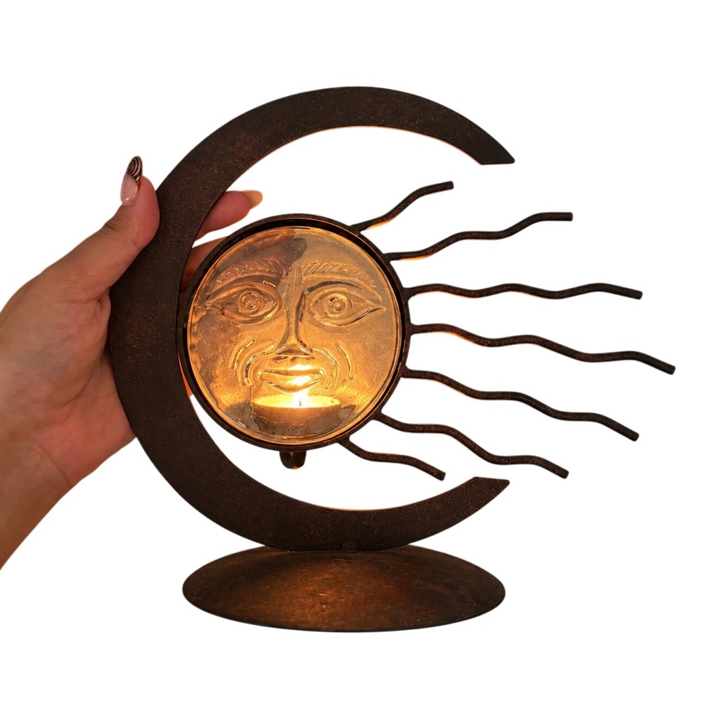 Vintage Sun Moon Candle Holder Bronze Celestial Metal Glass Decor